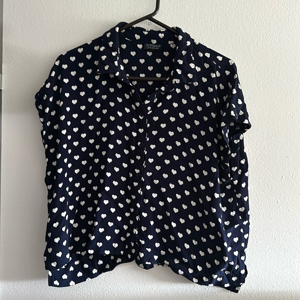 Top shop blue heart button up short sleeve top